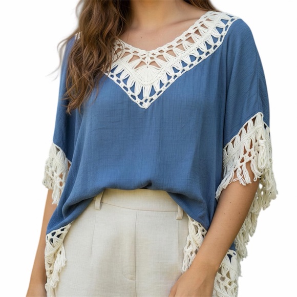 mittoshop Tops - Mittoshop Fringe Crochet Lace V-Neck Women’s Blouse‎